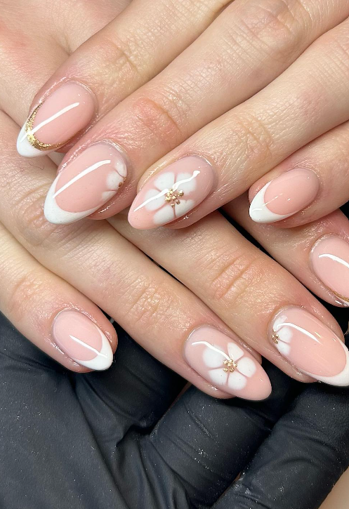Nude White French With Floral Accent and Golden Ombre